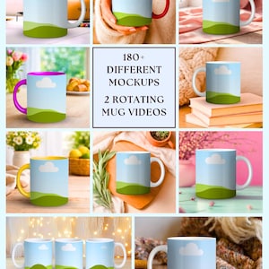 May include: A collection of white ceramic mugs with a landscape design featuring a blue sky, white cloud, and green hills. The mugs have different colored interiors and handles. The image includes the text "180+ DIFFERENT MOCKUPS 2 ROTATING MUG VIDEOS."