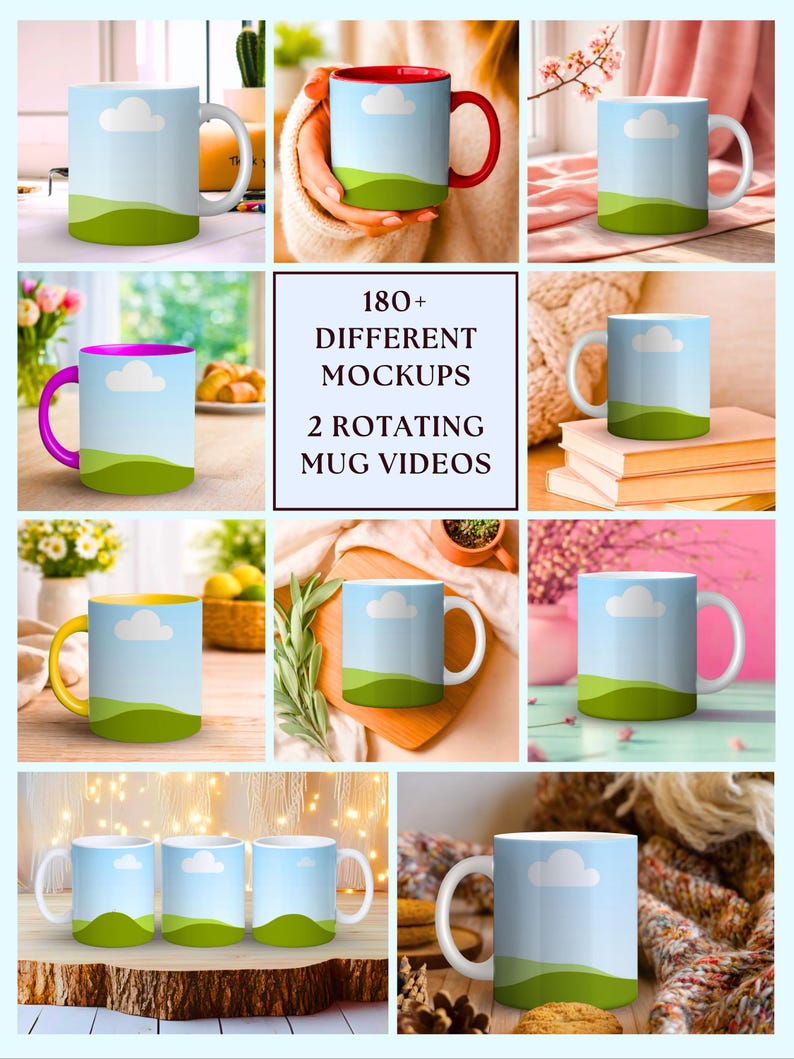 May include: A collection of white ceramic mugs with a landscape design featuring a blue sky, white cloud, and green hills. The mugs have different colored interiors and handles. The image includes the text "180+ DIFFERENT MOCKUPS 2 ROTATING MUG VIDEOS."