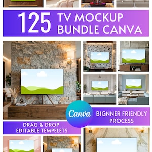 125 TV-mockups 16:9-paket, Canva TV-skärm, Smart TV-skärmmockuppaket, TV-mockup för vardagsrum, digitala skärmmockups, direktnedladdning