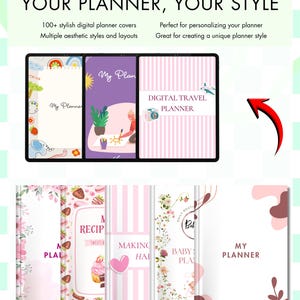 Puede incluir: Una colecci&oacute;n de portadas de planificadores digitales con varios dise&ntilde;os, incluyendo patrones florales, fondos a rayas, ilustraciones de comida y texto como MY PLANNER, DIGITAL TRAVEL PLANNER y RECIPES. La pantalla incluye tabletas.
