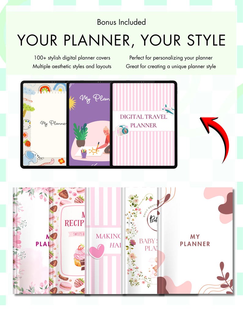 Puede incluir: Una colecci&oacute;n de portadas de planificadores digitales con varios dise&ntilde;os, incluyendo patrones florales, fondos a rayas, ilustraciones de comida y texto como MY PLANNER, DIGITAL TRAVEL PLANNER y RECIPES. La pantalla incluye tabletas.