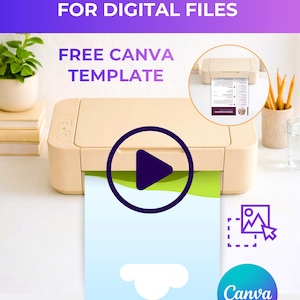 May include: A beige printer with a video play button graphic on a printed page. The image includes text that reads "Printer Mockup Video for Digital Files" and "Free Canva Template". A Canva logo is also visible.