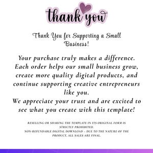 May include: A digital download graphic with a purple and white gradient background. The text reads "thank you" in a script font, followed by a message thanking customers for supporting small businesses. Additional text details the impact of purchases.