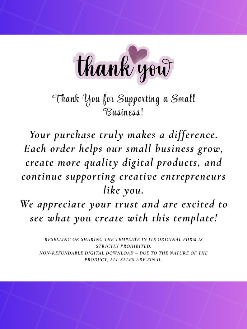 May include: A digital download graphic with a purple and white gradient background. The text reads "thank you" in a script font, followed by a message thanking customers for supporting small businesses. Additional text details the impact of purchases.