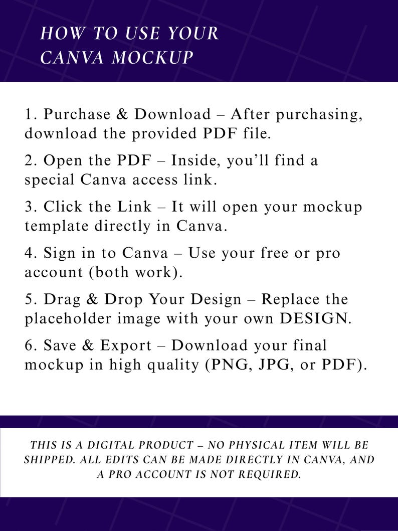 May include: A digital product guide on a dark blue background with white text. The guide explains how to use a Canva mockup, including downloading a PDF, opening a link, and saving the design. The text also states that no physical item will be shipped.