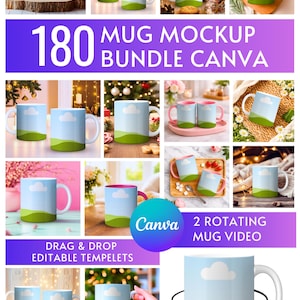 May include: Various coffee mugs with a landscape design, showing a blue sky, white cloud, and green hills. The image includes the text "180 MUG MOCKUP BUNDLE CANVA", "DRAG & DROP EDITABLE TEMPELETS", and "2 ROTATING MUG VIDEO".