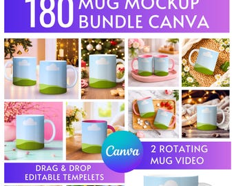 180 Editable Mug Mockups Bundle Canva Templates, 2 Rotating Mug Mockup Videos, Mug Mockups, Drag & Drop, Digital Download
