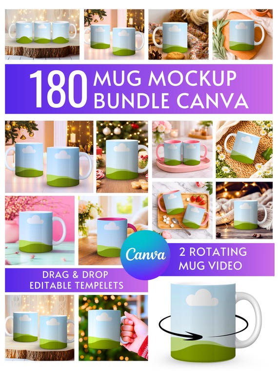 180 Editable Mug Mockups Bundle Canva Templates, 2 Rotating Mug Mockup Videos, Mug Mockups, Drag & Drop, Digital Download