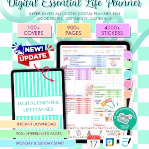 May include: Digital Essential Life Planner with 100+ covers, 900+ pages, and 4000+ stickers. The planner is designed for Goodnotes, Notability, and Noteshelf. Features include health, fitness, productivity, and home maintenance sections. Includes instant download.
