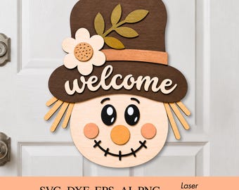 Scarecrow Door Hanger SVG, Fall Welcome Sign, Autumn Door Decor, Laser Cut File, Glowforge Cricut xTool, Rustic Front Porch Sign