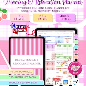 May include: Digital moving and relocation planner with 900+ hyperlinked pages, 100+ covers, and 4000+ stickers. The planner includes checklist, inventory, and expense tracking. The text on the planner says "The Unlimited Moving & Relocation Planner."