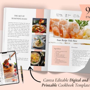 K&ouml;nnte beinhalten: Eine Kochbuchvorlage mit rosa und wei&szlig;em Design. Das offene Buch zeigt Rezepte und Fotos von Speisen. Ein Tablet zeigt ein Pfannkuchenbild mit dem Text "COOK BOOK". Der Text "94 PAGES" ist sichtbar. Die Vorlage wird als "Canva Editable Digital and Printable Cookbook Template" beschrieben.