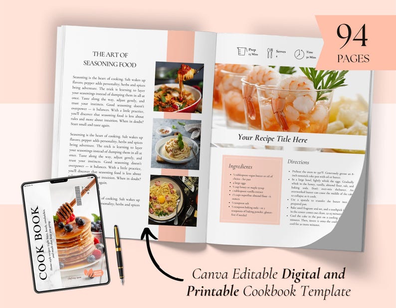 K&ouml;nnte beinhalten: Eine Kochbuchvorlage mit rosa und wei&szlig;em Design. Das offene Buch zeigt Rezepte und Fotos von Speisen. Ein Tablet zeigt ein Pfannkuchenbild mit dem Text "COOK BOOK". Der Text "94 PAGES" ist sichtbar. Die Vorlage wird als "Canva Editable Digital and Printable Cookbook Template" beschrieben.