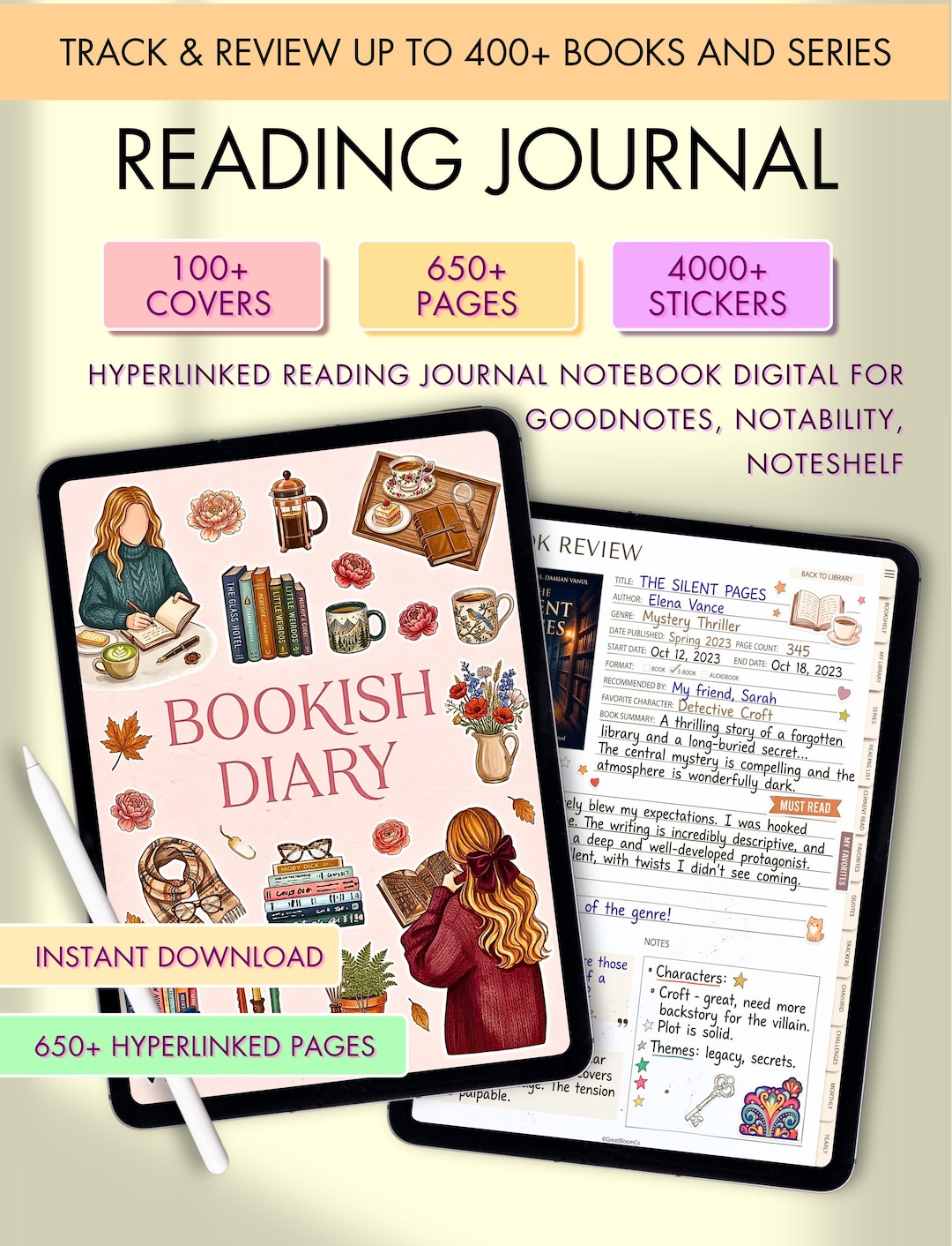 Reading Digital Notebook Tracker, Book Journal PDF, Goodnotes ...