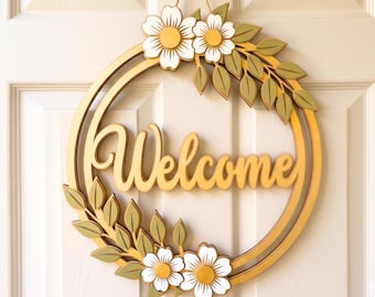 Floral Welcome Door Hanger, Round Welcome Sign, Daisy Door Hanger, Glowforge xTool Laser Cut File, Spring Door Sign SVG, Summer Wreath DXF