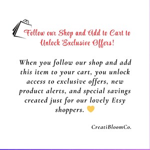 May include: White background with text in black and red, promoting exclusive offers. The text reads: "Follow our Shop and Add to Cart to Unlock Exclusive Offers!" and "When you follow our shop..."