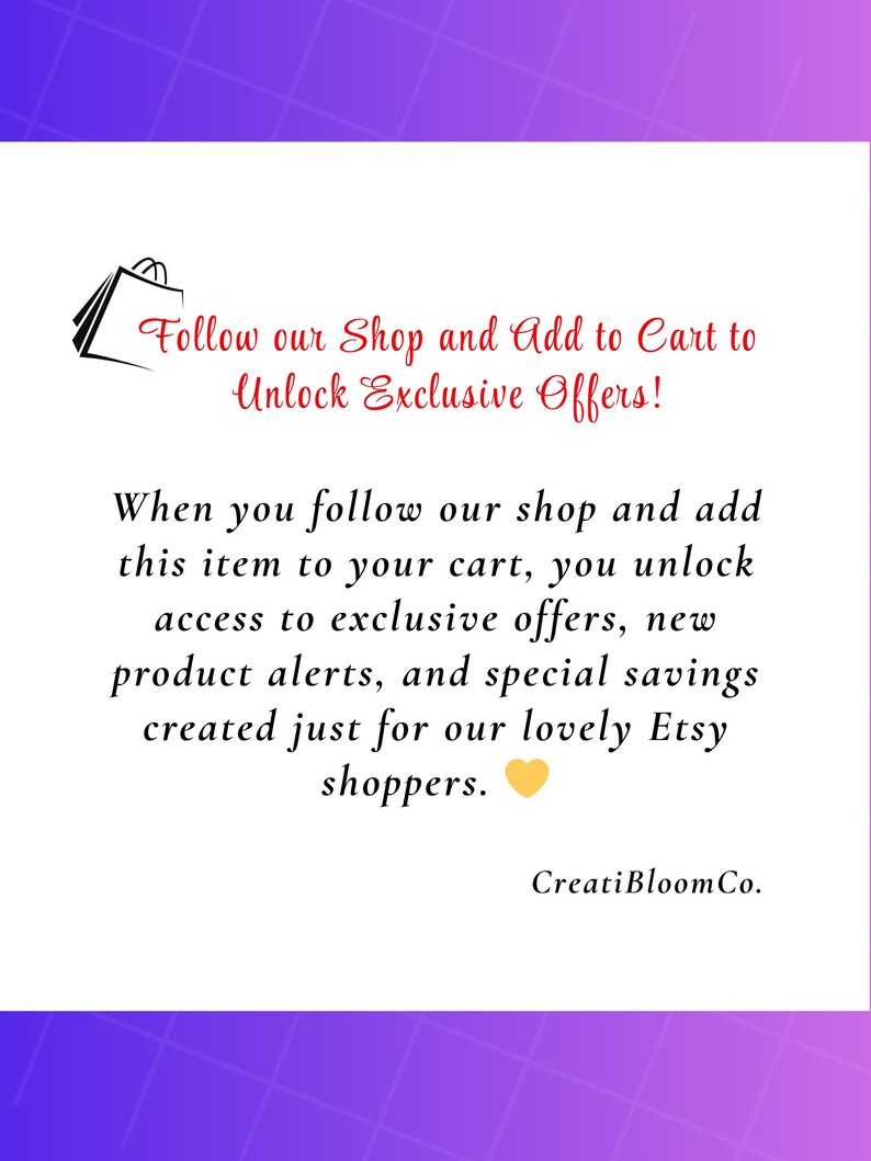 May include: White background with text in black and red, promoting exclusive offers. The text reads: "Follow our Shop and Add to Cart to Unlock Exclusive Offers!" and "When you follow our shop..."