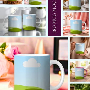 May include: White ceramic mug featuring a landscape design with a blue sky, white cloud, and green hills. The mug has a white handle and is displayed in various settings, showcasing a mockup of the design.