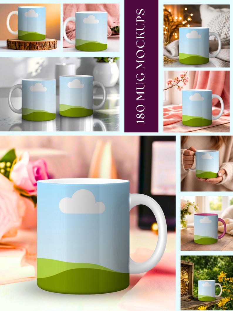 May include: White ceramic mug featuring a landscape design with a blue sky, white cloud, and green hills. The mug has a white handle and is displayed in various settings, showcasing a mockup of the design.