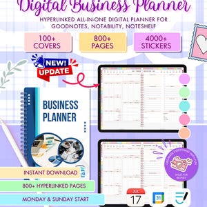 May include: Digital business planner with 100+ covers, 800+ pages, and 4000+ stickers. The planner is designed for GoodNotes, Notability, and Noteshelf. It includes budget, activities, planning, and trackers. The planner is an instant download.