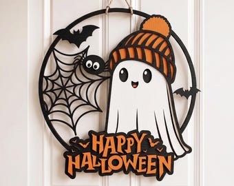 Cute Ghost Door Hanger SVG, Halloween Door Sign, Glowforge Halloween Decor, Cute Ghost, Cricut, Xtool File, Laser Cut SVG, Halloween Sign