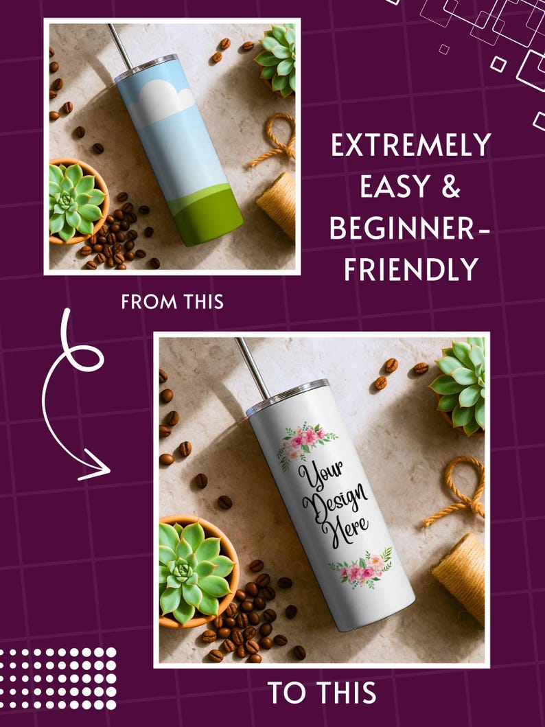 Canva editable 20oz skinny tumbler mockups showing drag and drop tumbler design templates