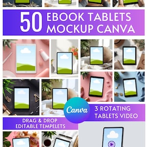 May include: A promotional image showcasing 50 ebook tablet mockups. The image features various tablets with a landscape scene on the screen. Text includes "50 Ebook Tablets Mockup Canva", "Drag & Drop Editable Tempelets", and "3 Rotating Tablets Video".