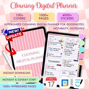 May include: A digital cleaning planner with a pink cover and a tablet displaying a daily schedule. The planner includes 100+ covers, 1000+ pages, and 4000+ stickers. Text on the image includes "Instant Download" and "Monday & Sunday Start."