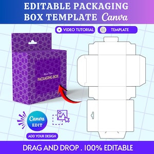 Pode incluir: Um modelo de caixa de embalagem roxa com um padrão geométrico e o texto "PACKAGING BOX". O design inclui opções de tutorial em vídeo e modelo. O texto "Canva EDIT" e "ADD YOUR DESIGN" também são visíveis. As palavras "DRAG AND DROP. 100% EDITABLE" estão na parte inferior.