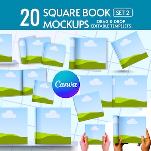 May include: A graphic showcasing 20 square book mockups. The book covers feature a landscape design with a blue sky, white clouds, and green hills. The text reads "20 SQUARE BOOK MOCKUPS SET 2" and "DRAG & DROP EDITABLE TEMPLETS". A Canva logo is also present.