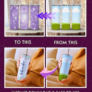 Editable tumbler mockup bundle featuring 20oz skinny tumbler designs in Canva