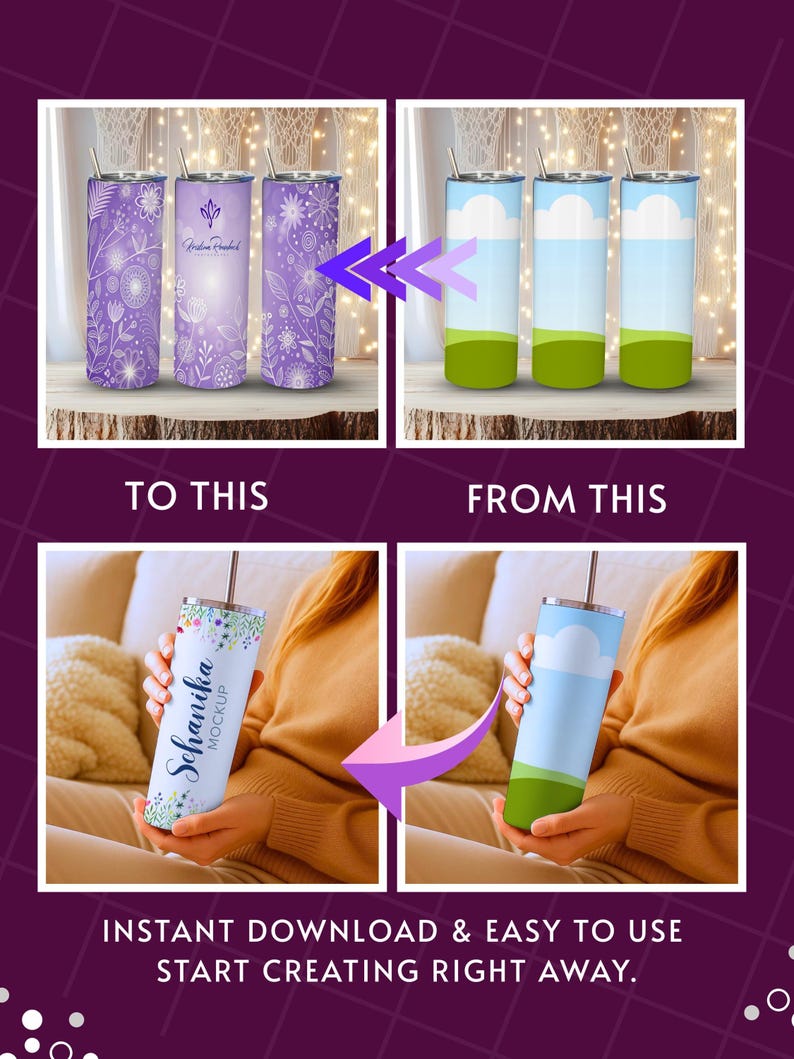 Editable tumbler mockup bundle featuring 20oz skinny tumbler designs in Canva
