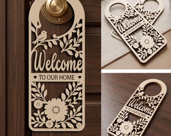 Welcome Door Hanger SVG, Laser Cut Door Hanger File, Floral Welcome Sign SVG, Glowforge SVG, Cricut Dxf, xTool Laser Cut, Digital Download