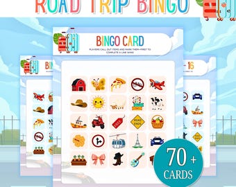 Road Trip Bingo zum ausdrucken, 70 einzigartige Karten, Kinder Autoaktivitäten, Reisespiele für Kinder, Familienurlaubsspiel, Aktivität für lange Autofahrten PDF