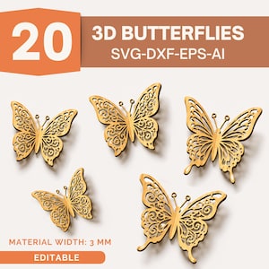 Op de afbeelding: Een digitale bestandsset met 20 3D-vlinders in SVG-, DXF-, EPS- en AI-indelingen. De afbeelding toont vijf goudkleurige, ingewikkelde, lasergesneden vlinderontwerpen met een materiaaldikte van 3 mm. De tekst luidt 20 3D BUTTERFLIES SVG-DXF-EPS-AI.