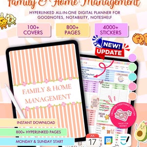 Pode incluir: Planeador digital para gestão familiar e doméstica. A imagem mostra um tablet com uma capa listrada rosa e branca, o texto "Family & Home Management" e uma caneta. Inclui mais de 100 capas, 800+ páginas e 4000+ autocolantes.