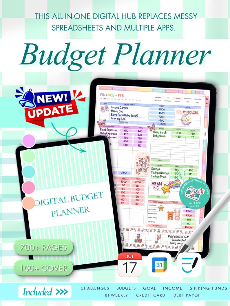Puede incluir: Un planificador de presupuesto digital en dos pantallas de tableta sobre un fondo a cuadros verde claro. El texto dice Budget Planner, New Update, Digital Budget Planner, 700+ Pages, 100+ Cover e Included con varias categor&iacute;as financieras.