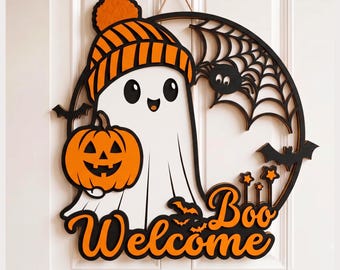 Welcome Boo Door Hanger SVG, Halloween Ghost Door Sign, Glowforge SVG, Cute Ghost Door Hanger, Pumpkin Halloween Decor, Fall Door Hanger SVG