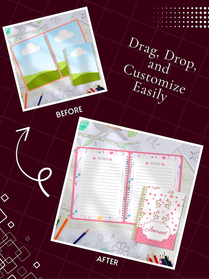 Spiral notebook mockups Canva templates showing editable notebook and planner covers