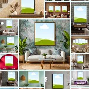 Minimal bedroom wall art mockup with beige tones and white bed – editable Canva frame mockup for printable wall decor.