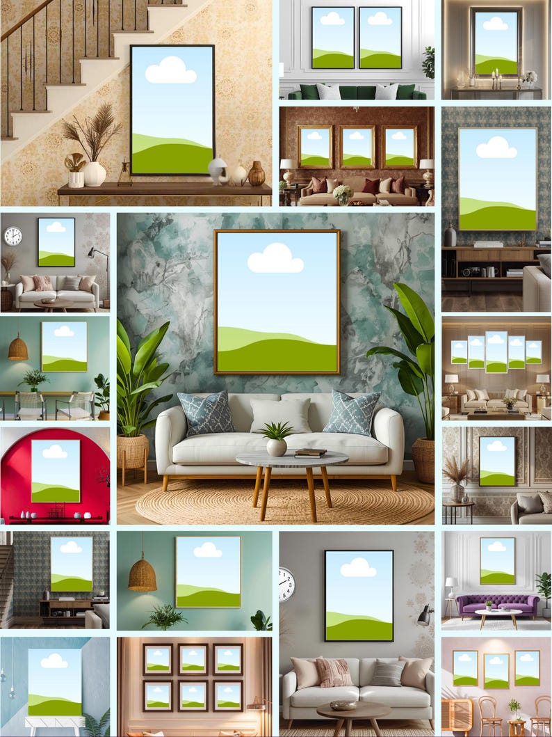 Minimal bedroom wall art mockup with beige tones and white bed – editable Canva frame mockup for printable wall decor.