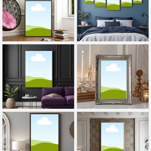 Aesthetic living space wall mockup with landscape frame and indoor plant – Canva wall art mockup for digital download.