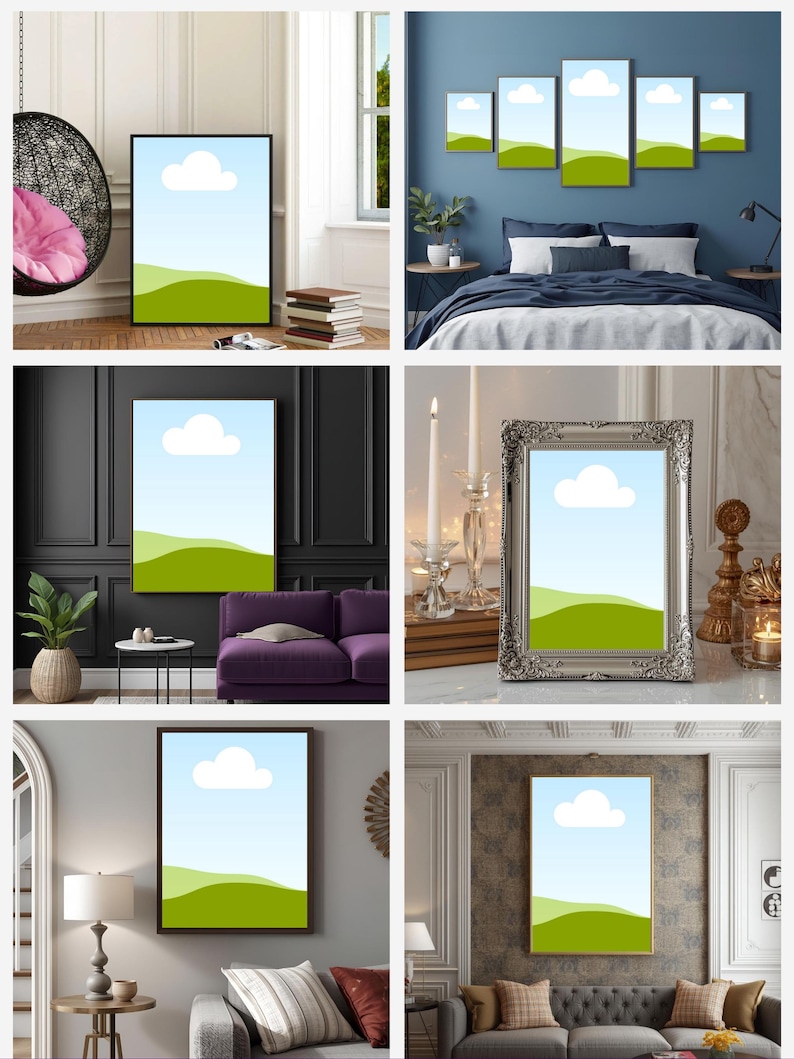 Aesthetic living space wall mockup with landscape frame and indoor plant – Canva wall art mockup for digital download.