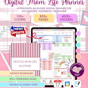 May include: Digital Mom Life Planner with 100+ covers, 850+ pages, and 4000+ stickers. The planner is hyperlinked and designed for GoodNotes, Notability, and Noteshelf. Includes finance, productivity, health, and cleaning trackers. Features a Monday & Sunday start.