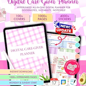 Peut inclure: Un planificateur numérique pour soignants avec une couverture à carreaux roses et blancs, affiché sur une tablette. Le planificateur comprend plus de 100 couvertures, plus de 1000 pages et plus de 4000 autocollants.