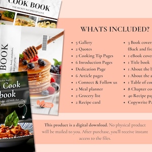 K&ouml;nnte beinhalten: Mehrere Kochb&uuml;cher mit Bildern von Speisen, darunter Pfannkuchen mit Beeren und Honig. Die Titel lauten "COOK BOOK" und "How to Cook Cookbook". Das Bild listet auch den Inhalt des digitalen Downloads auf.