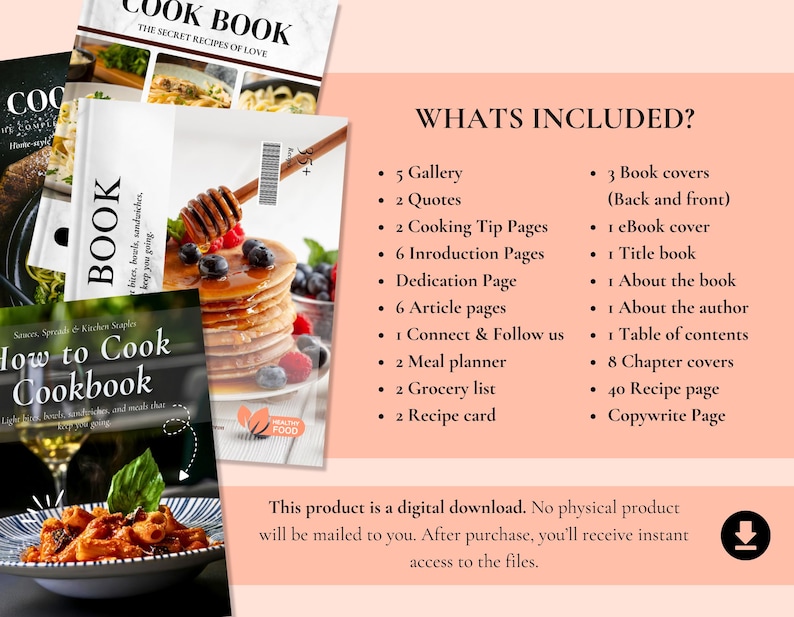 K&ouml;nnte beinhalten: Mehrere Kochb&uuml;cher mit Bildern von Speisen, darunter Pfannkuchen mit Beeren und Honig. Die Titel lauten "COOK BOOK" und "How to Cook Cookbook". Das Bild listet auch den Inhalt des digitalen Downloads auf.