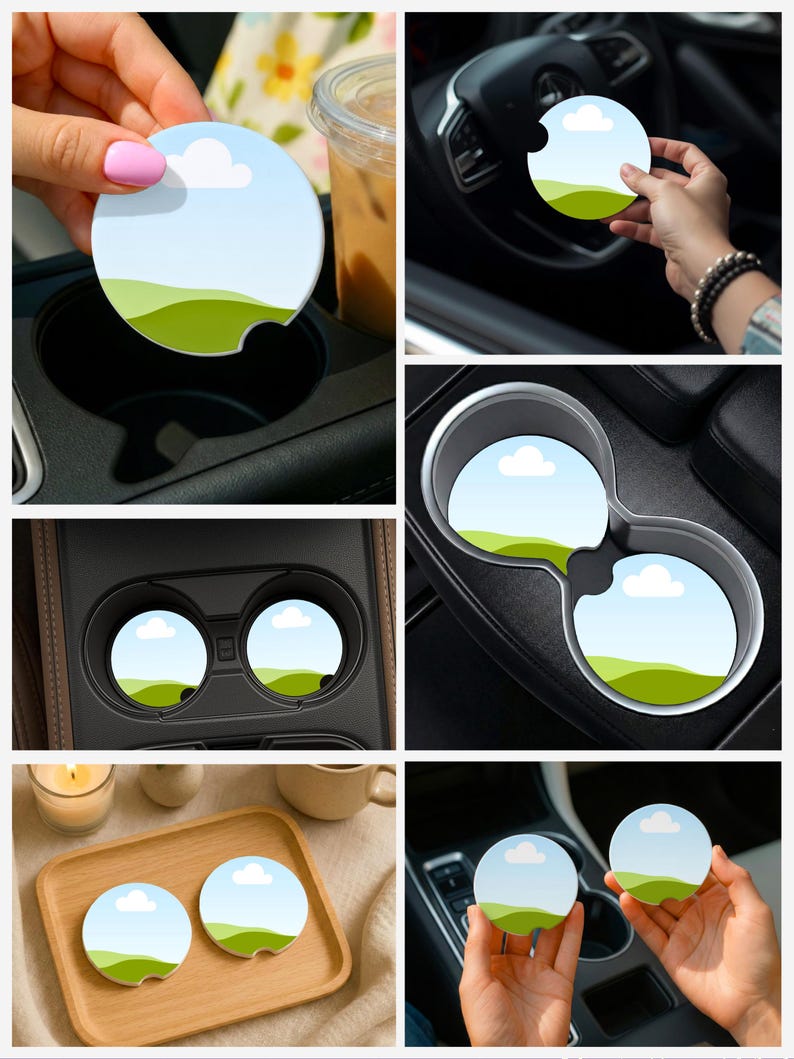 May include: Round car coasters with a landscape design featuring a blue sky, white clouds, and green hills. The coasters are shown in various car cup holders and on a wooden tray. These coasters are designed to absorb moisture.