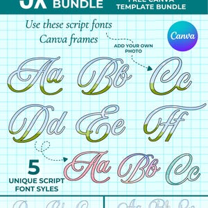 Könnte beinhalten: Ein teal-farbener Grafik mit dem Text "5x ALPHA CANVA FRAMES BUNDLE" und "FREE CANVA TEMPLATE BUNDLE." Das Bild zeigt Schriftbuchstaben, darunter "Aa, Bb, Cc, Dd, Ee, Ff," mit einem "Canva"-Logo. Der Text "Use these script fonts Canva frames" ist ebenfalls vorhanden.