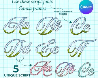 Canva bearbeitbares Alphabet Frame Script Font Bundle, 5 stilvolle Schriftarten, digitaler Download, Logo & Mockup-Design